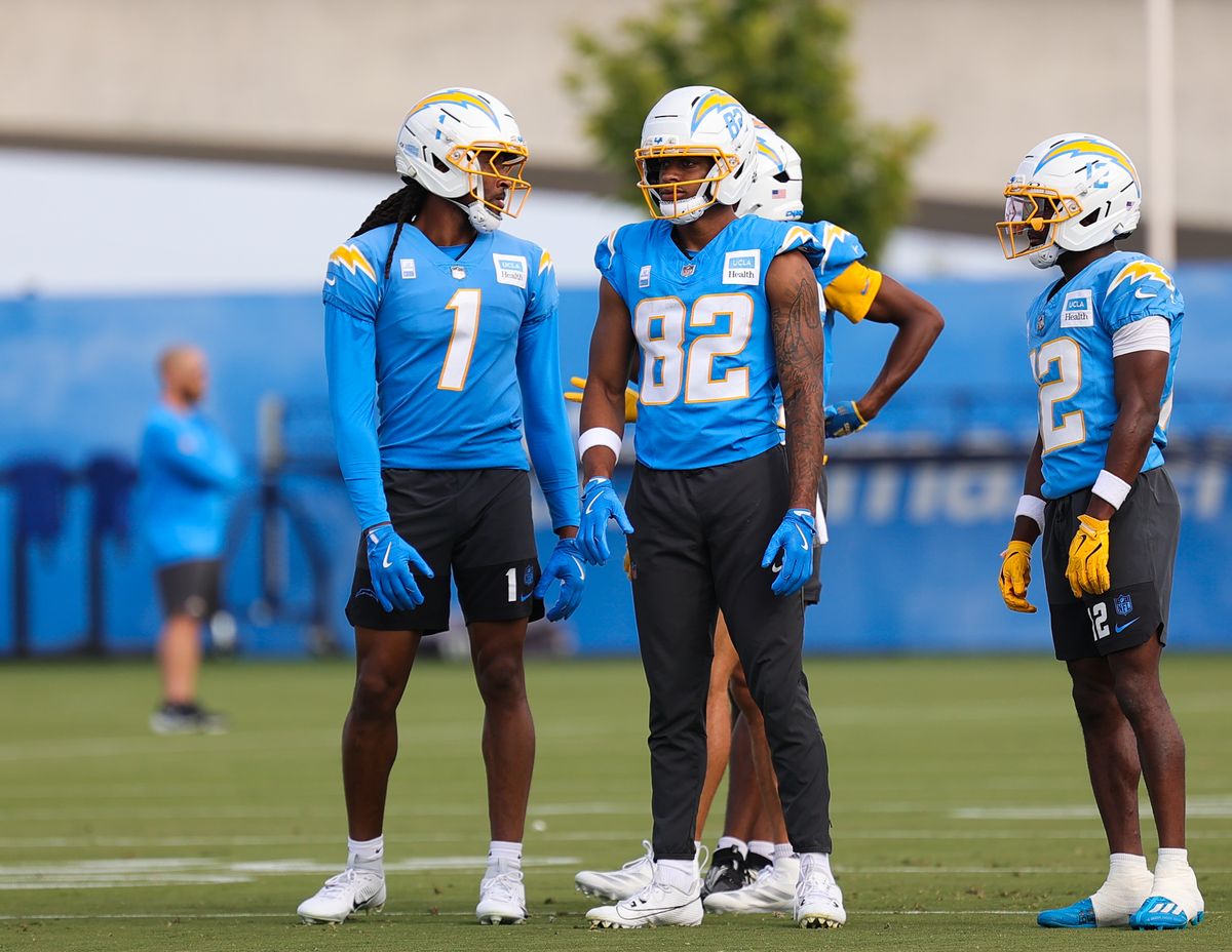Los Angeles Chargers #1 WR Quentin Johnson and #82 WR Brenden Rice prepare to participate in individual drills during training camp on July 19, 2025 at the Bolt practice facility in El Segundo, CA.