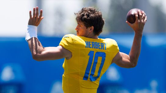 Justin Herbert #10 of the Los Angeles Chargers throws during training camp practice at The Bolt on July 24, 2025 in El Segundo, California. Justin Herbert #10 of the Los Angeles Chargers throws during training camp practice at The Bolt on July 24, 2025 in El Segundo, California.