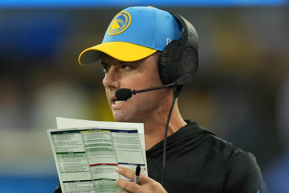 Oct 29, 2023; Inglewood, California, USA; Los Angeles Chargers coach Brandon Staley watches from the sidelines against the Chicago Bears in the first half at SoFi Stadium. Mandatory Credit: Kirby Lee-USA TODAY SportsKirby Lee-USA TODAY Sports