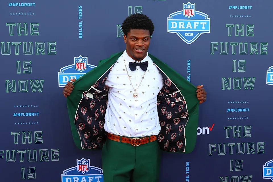 Lamar Jackson's draft fall ended when the Ravens traded back into the first round to take him. (Photo by Rich Graessle/Icon Sportswire via Getty Images)