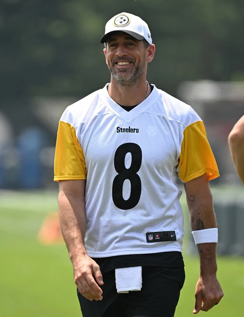 New Steelers quarterback Aaron Rodgers during minicamp at UPMC Rooney Sports Complex on June 12, 2025 in Pittsburgh, Pennsylvania. Getty Images