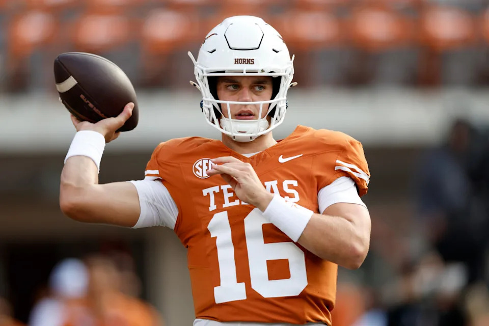 AUSTIN, TEXAS - SEPTEMBER 14: Arch Manning #16 of the Texas Longhorns warms up before the game against the UTSA Roadrunners at Darrell K Royal-Texas Memorial Stadium on September 14, 2024 in Austin, Texas. (Photo by Tim Warner/Getty Images)Tim Warner&sol;Getty Images