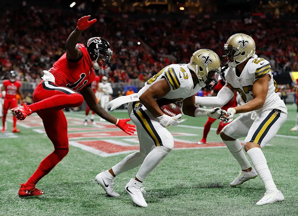 ATLANTA, GA - DECEMBER 07: Marcus Williams #43 of the New Orleans Saints intercepts this touchdown reception intended for Julio Jones #11 of the Atlanta Falcons at Mercedes-Benz Stadium on December 7, 2017 in Atlanta, Georgia. (Photo by Kevin C. Cox/Getty Images)