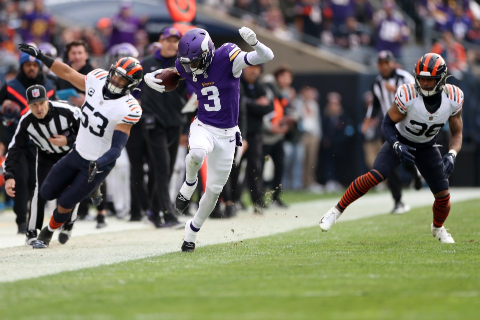 Minnesota Vikings player #3 running with the ball during a game.