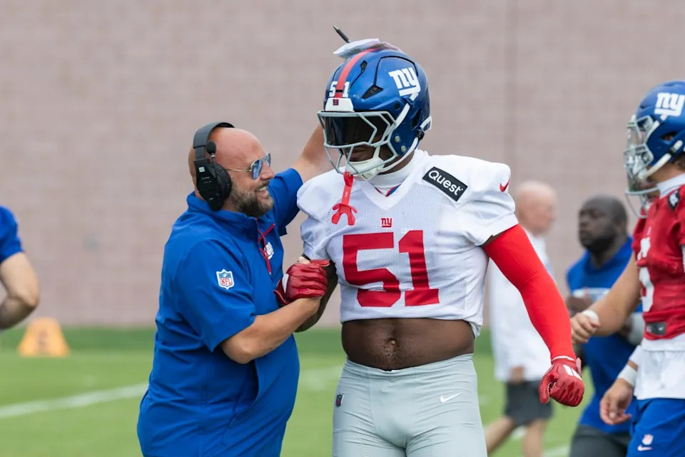 Giants head coach Brian Daboll greets New York Giants linebacker Abdul Carter (51) during Training Camp at the Quest Diagnostics center. Corey Sipkin for the NY POST