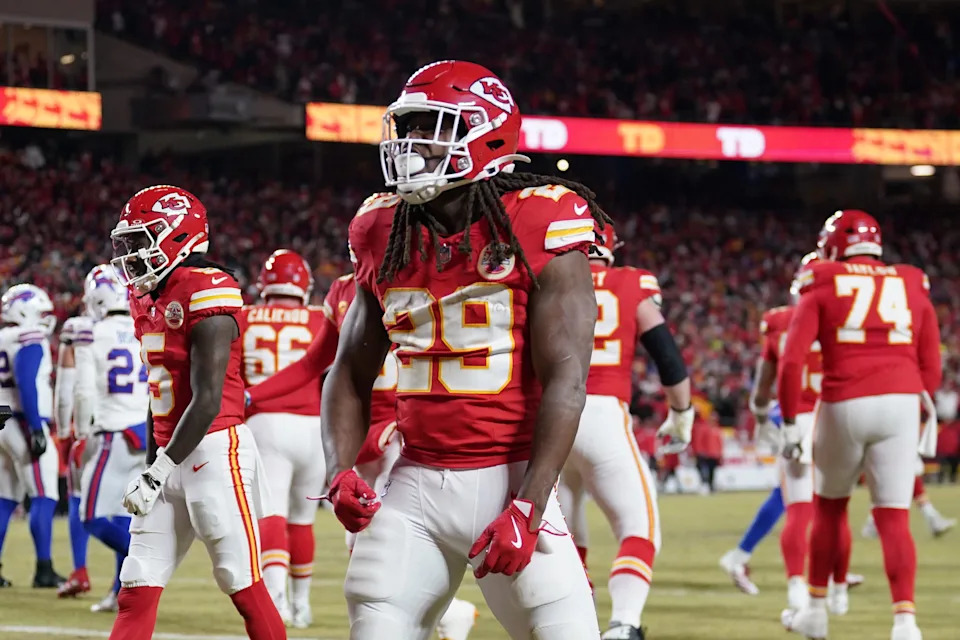 Jan 26, 2025; Kansas City, MO, USA; Kansas City Chiefs running back Kareem Hunt (29) reacts after scoring a touchdown against the Buffalo Bills during the first half in the AFC Championship game at GEHA Field at Arrowhead Stadium. Mandatory Credit: Denny Medley-Imagn Images