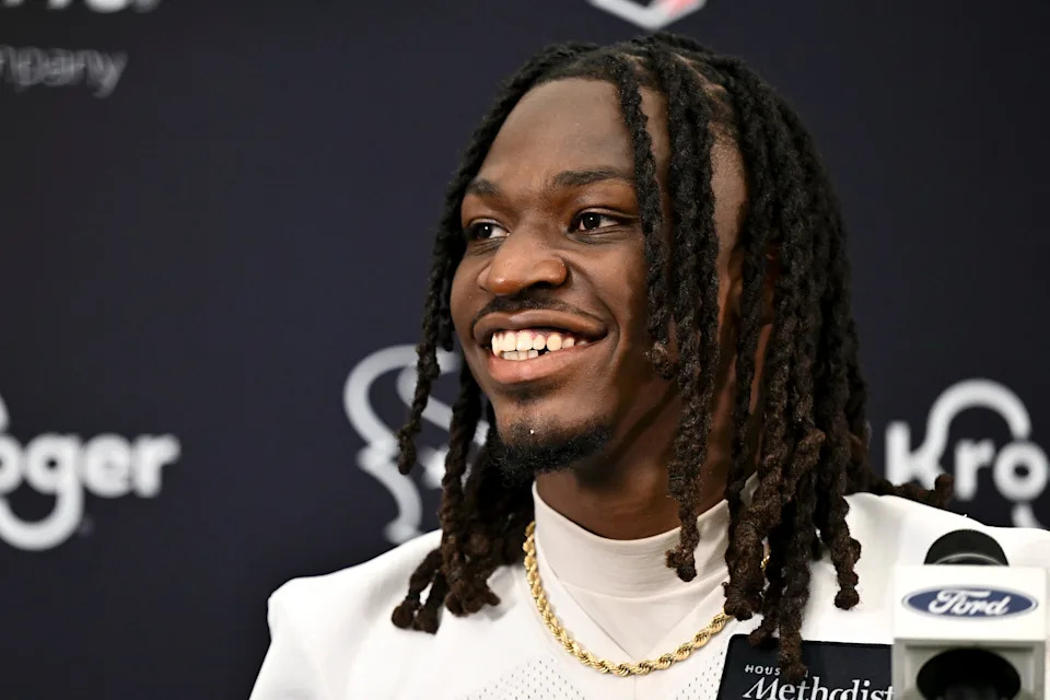 Jun 10, 2025; Houston, TX, USA; Houston Texans safety Calen Bullock speaks at a press conference after an NFL football minicamp at NRG Stadium. Mandatory Credit: Maria Lysaker-Imagn Images