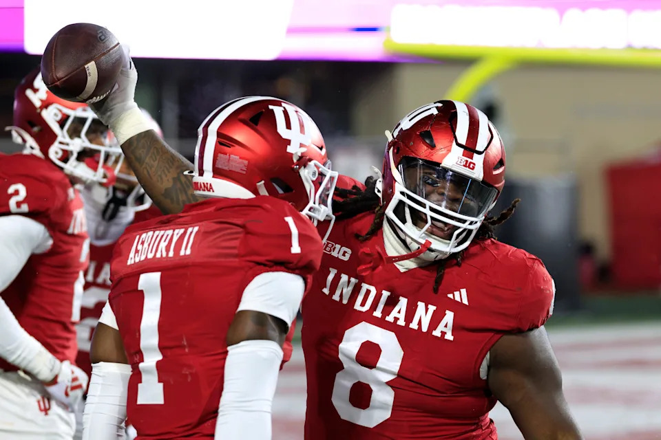 BLOOMINGTON, INDIANA - NOVEMBER 30: CJ West #8 of the Indiana Hoosiers reacts after recovering a fumble during the third quarter against the Purdue Boilermakers at Memorial Stadium on November 30, 2024 in Bloomington, Indiana. (Photo by Justin Casterline/Getty Images)