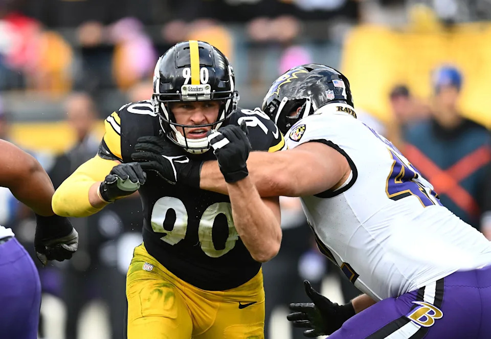 PITTSBURGH, PENNSYLVANIA - OCTOBER 8: T.J. Watt #90 of the Pittsburgh Steelers battles for position against Patrick Ricard #42 of the Baltimore Ravens at Acrisure Stadium on October 8, 2023 in Pittsburgh, Pennsylvania. (Photo by Joe Sargent/Getty Images)Joe Sargent&sol;Getty Images