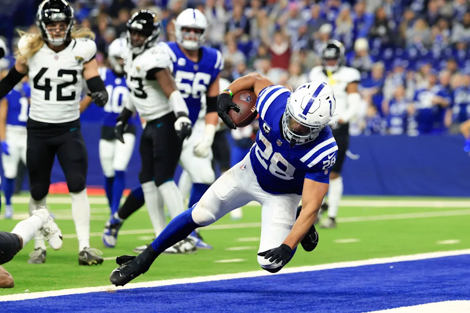 Jonathan Taylor, a former NFL rushing champion, is coming off another big rushing season for the Indianapolis Colts. (Photo by Justin Casterline/Getty Images)