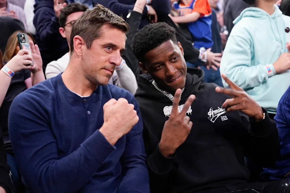Aaron Rodgers and Sauce Gardner sit court side in the second half of Game 2 of the Eastern Conference semifinals playoff series between the Knicks and the Heat on May 2, 2023, at Madison Square Garden in New York. AP
