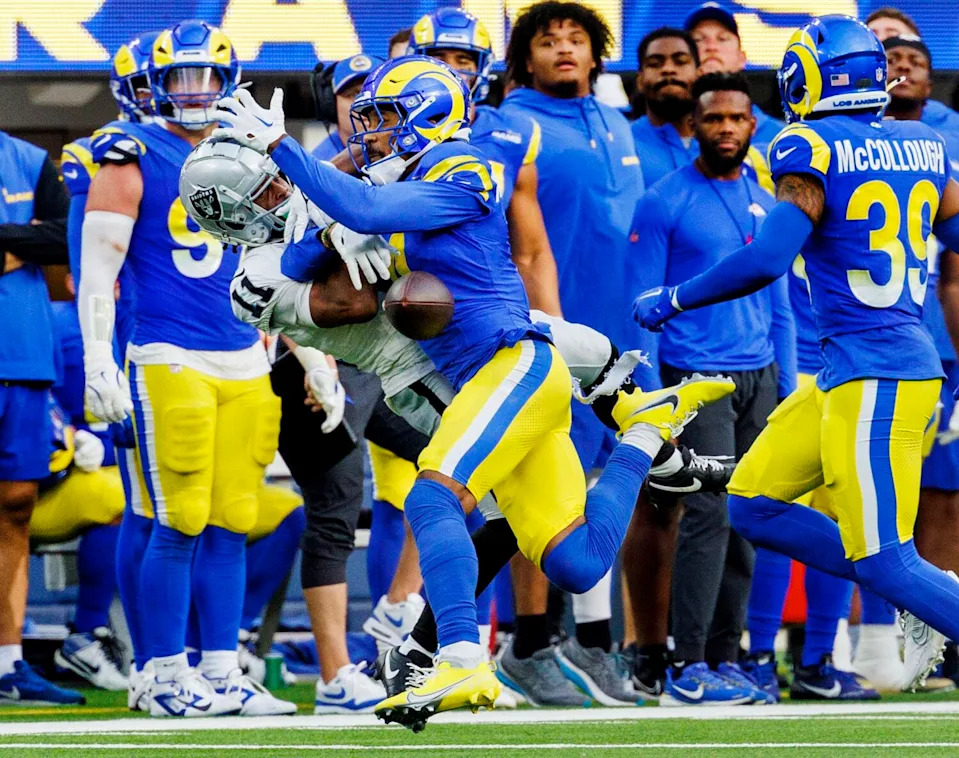 Rams cornerback Ahkello Witherspoon breaks up a pass intended for Las Vegas Raiders wide receiver Tre Tucker.