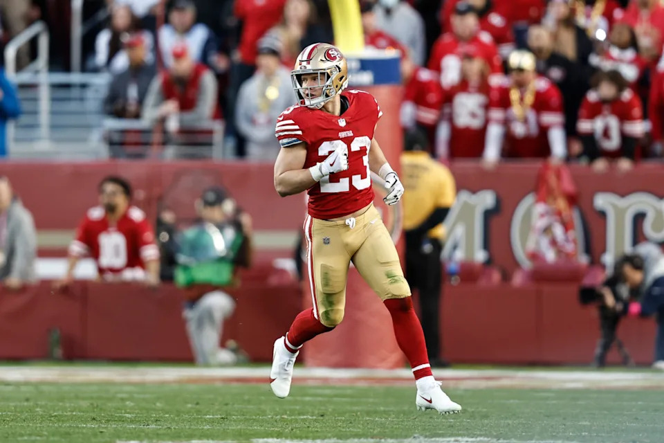 SANTA CLARA, CALIFORNIA - JANUARY 22: Christian McCaffrey #23 of the San Francisco 49ers runs during an NFL divisional round playoff football game between the San Francisco 49ers and the Dallas Cowboys at Levi's Stadium on January 22, 2023 in Santa Clara, California. (Photo by Michael Owens/Getty Images)Michael Owens&sol;Getty Images
