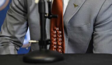 Texas football players wear tie with initials of Camp Mystic flood victims at SEC Media Days