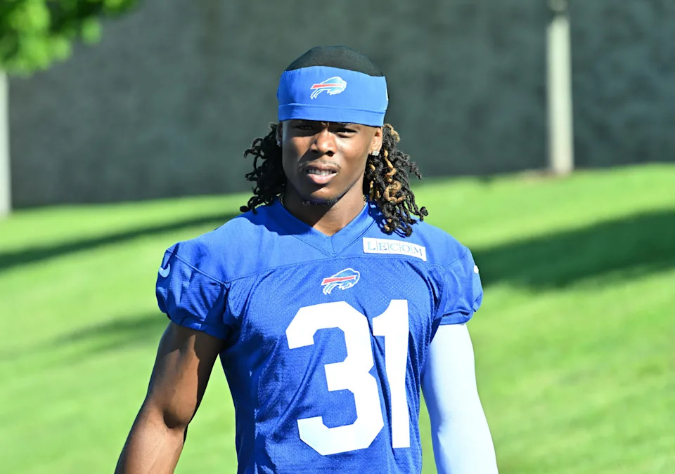 Jul 23, 2025; Rochester, NY, USA; Buffalo Bills cornerback Maxwell Hairston (31) enters the field during training camp at St. John Fisher University. Mandatory Credit: Mark Konezny-Imagn Images