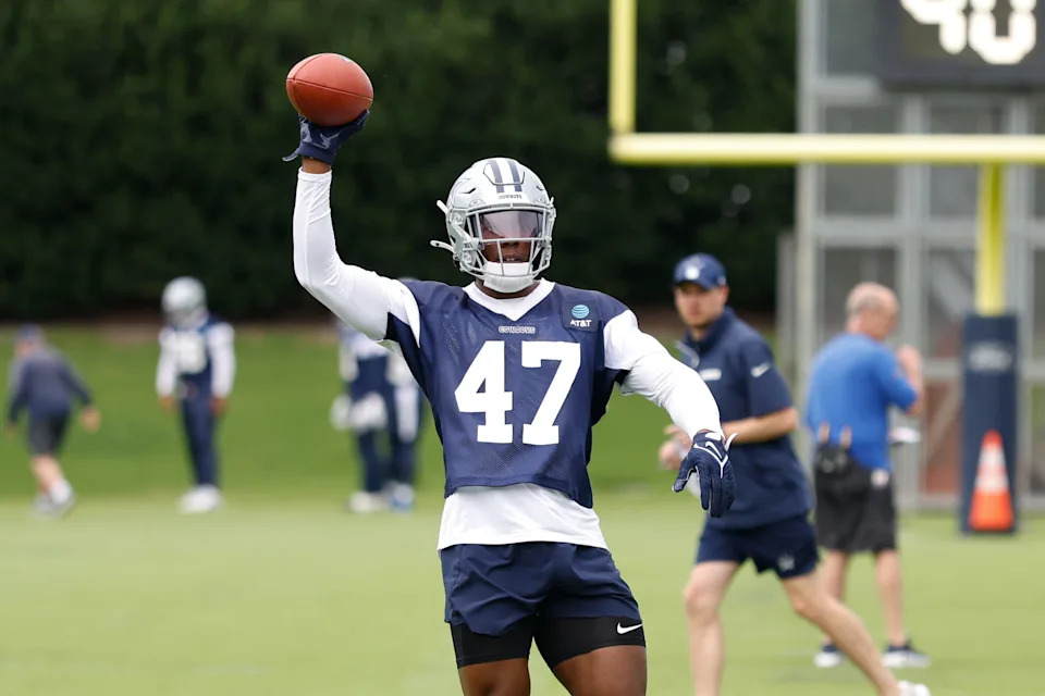 Jun 10, 2025; Arlington, TX, USA; Dallas Cowboys linebacker Darius Harris (47) goes through a drill during practice at the Ford Center at the Star Training Facility in Frisco, Texas. Mandatory Credit: Chris Jones-Imagn Images