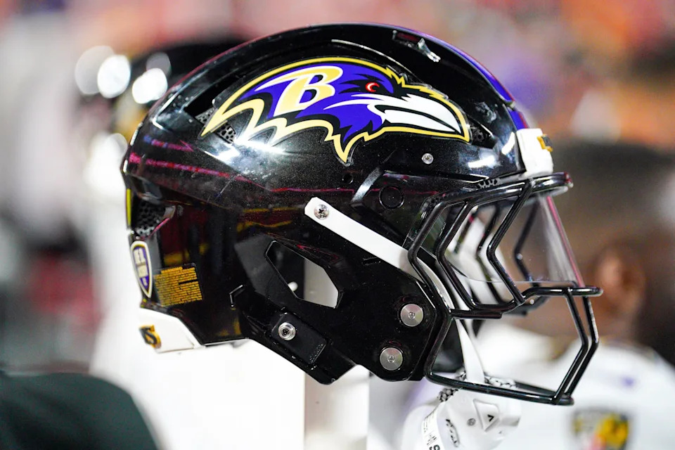 A general view of a Baltimore Ravens helmet.