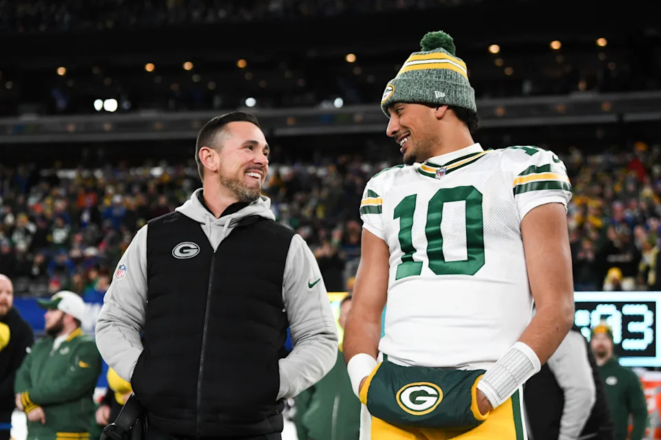 EAST RUTHERFORD, NJ - DECEMBER 11: Matt LaFleur and Jordan Love #10 of the Green Bay Packers stand on the sideline prior to the start of the game against the New York Giants at MetLife Stadium on December 11, 2023 in East Rutherford, New Jersey. (Photo by Kathryn Riley/Getty Images)Kathryn Riley/Getty Images