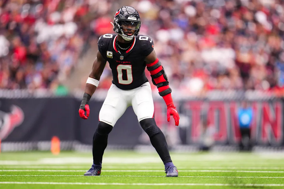 HOUSTON, TX - NOVEMBER 24: Azeez Al-Shaair #0 of the Houston Texans lines up before the snap during an NFL football game against the Tennessee Titans at NRG Stadium on November 24, 2024 in Houston, Texas. (Photo by Cooper Neill/Getty Images)Cooper Neill/Getty Images