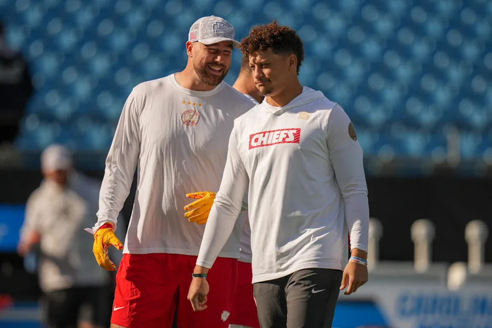 CHARLOTTE, NORTH CAROLINA - NOVEMBER 24: Travis Kelce #87 and Patrick Mahomes #15 of the Kansas City Chiefs warms up during the game against the Carolina Panthers at Bank of America Stadium on November 24, 2024 in Charlotte, North Carolina. (Photo by Grant Halverson/Getty Images)Grant Halverson/Getty Images