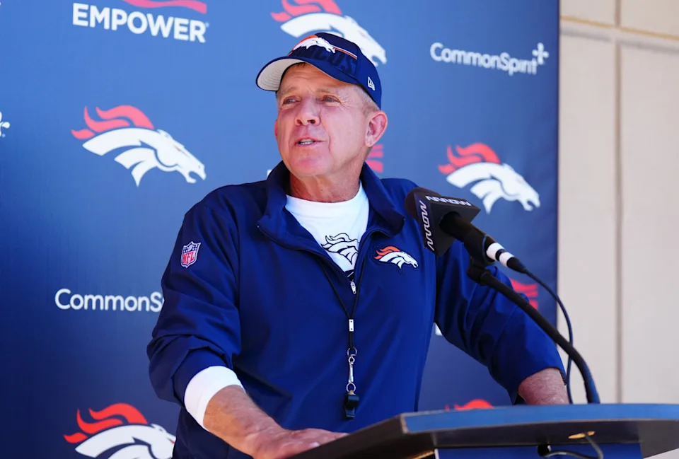 Denver Broncos head coach Sean Payton speaks to the media following rookie minicamp at Broncos Park Powered by CommonSpirit.Ron Chenoy-Imagn Images