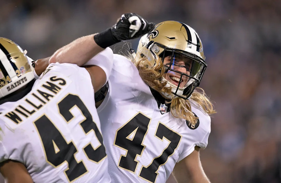 CHARLOTTE, NC - DECEMBER 17: Alex Anzalone #47 and teammate Marcus Williams #43 of the New Orleans Saints react against the Carolina Panthers in the second quarter during their game at Bank of America Stadium on December 17, 2018 in Charlotte, North Carolina. (Photo by Grant Halverson/Getty Images)