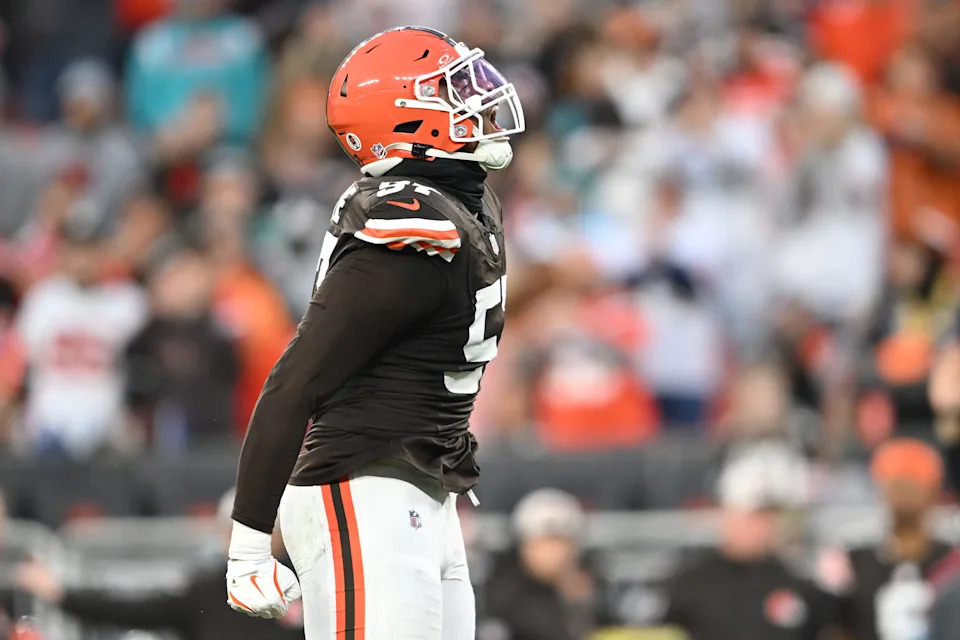 Cleveland Browns defensive end Isaiah McGuire reacts during a game against the Miami Dolphins on Dec. 29, 2024, in Cleveland, Ohio.