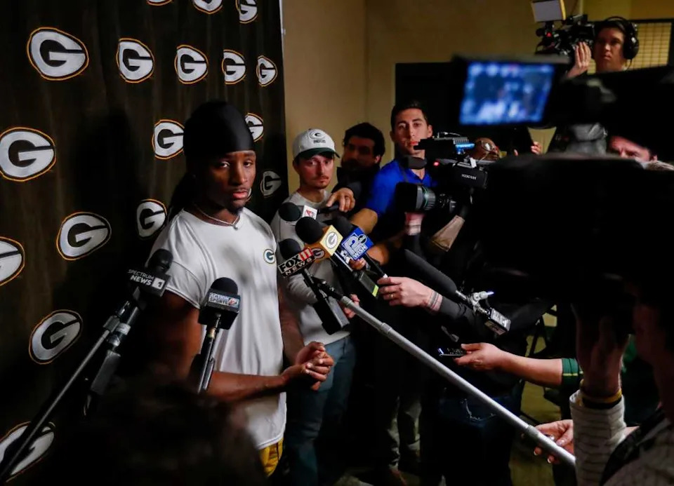 <em>Green Bay Packers rookie wide receiver Savion Williams is interviewed by the media during rookie minicamp. </em>© Tork Mason / USA TODAY NETWORK via Imagn Images