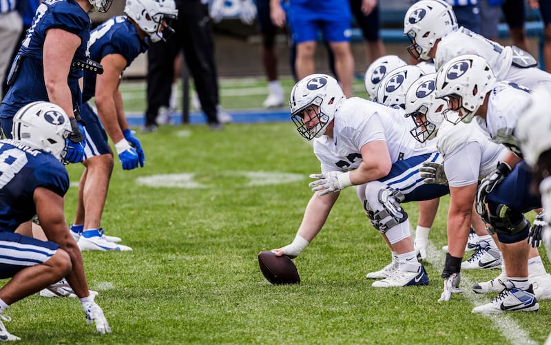 BYU's offensive lines up for a snap during practice March 21, 2025, in Provo.