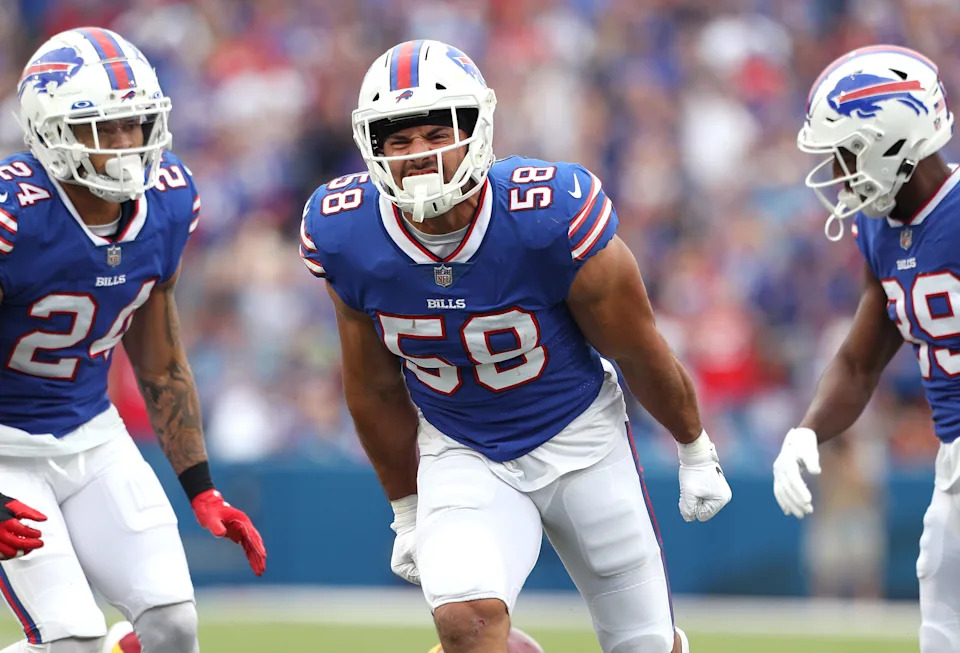 ORCHARD PARK, NEW YORK - SEPTEMBER 26: Matt Milano #58 of the Buffalo Bills celebrates a sack during the fourth quarter in the game against the Washington Football Team at Highmark Stadium on September 26, 2021 in Orchard Park, New York. (Photo by Bryan M. Bennett/Getty Images)