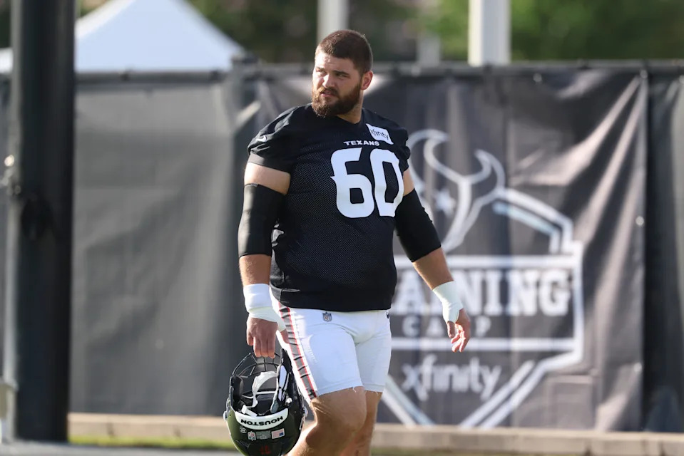 Jul 24, 2025; Houston, TX, USA; Houston Texans center Jake Andrews (60) during training camp at Houston Methodist Training Center. Mandatory Credit: Troy Taormina-Imagn Images