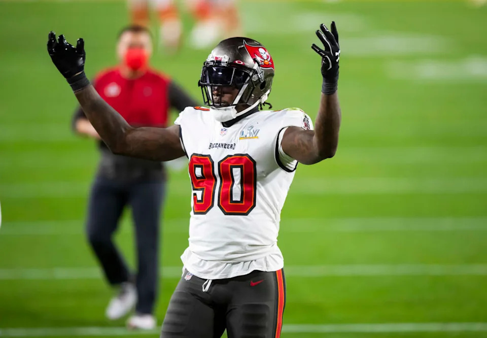 Feb 4, 2021; Tampa, FL, USA; Tampa Bay Buccaneers linebacker Jason Pierre-Paul (90) reacts against the Kansas City Chiefs in Super Bowl LV at Raymond James Stadium. Mandatory Credit: Mark J. Rebilas-USA TODAY Sports