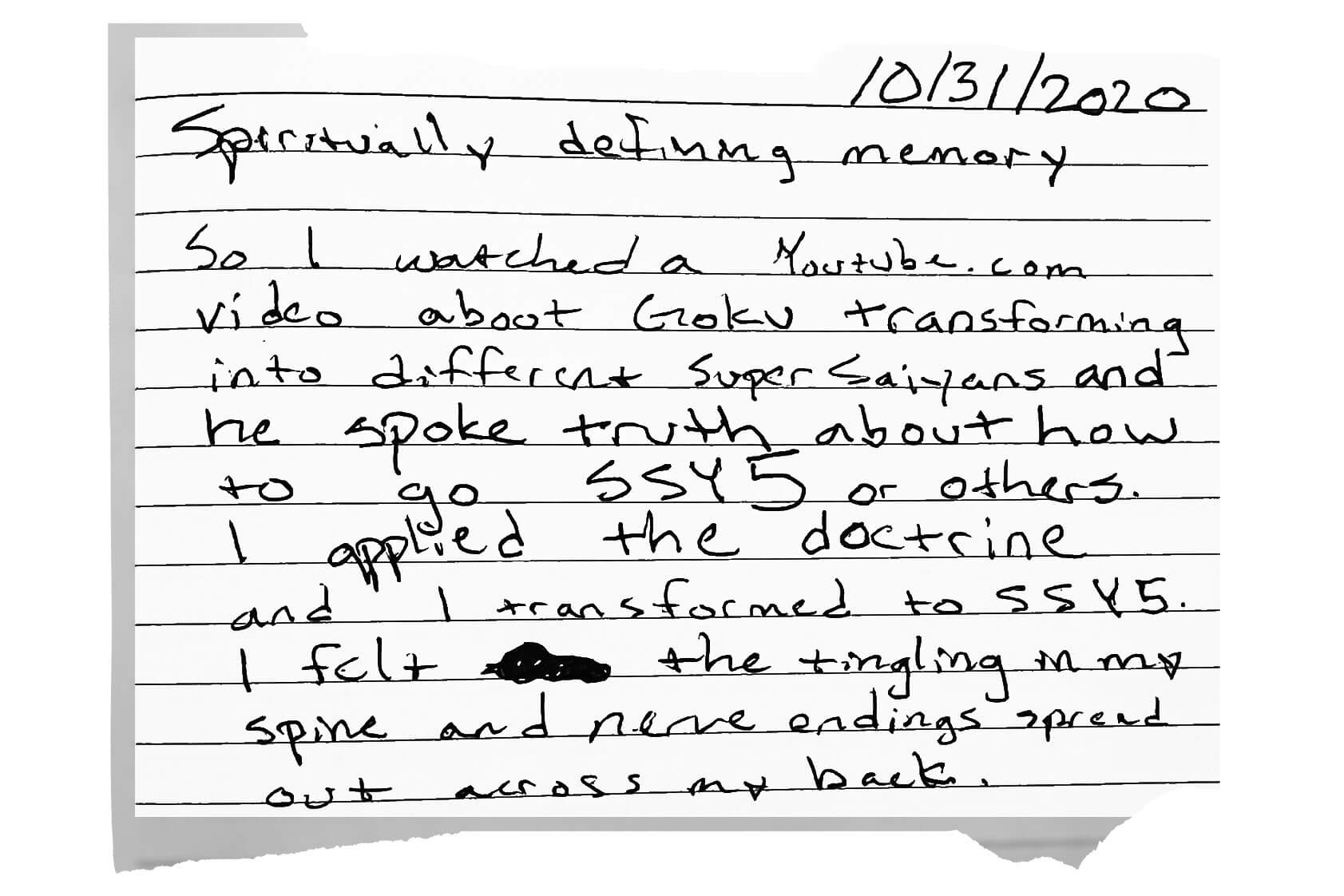 A 2020 entry from Newman's journal written about a spiritual experience he had while watching Youtube.