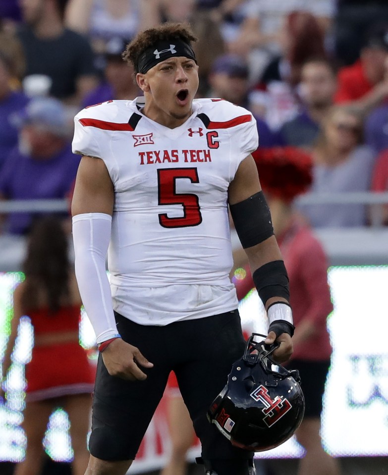 Patrick Mahomes II, #5 of the Texas Tech Red Raiders, reacts during a college football game.
