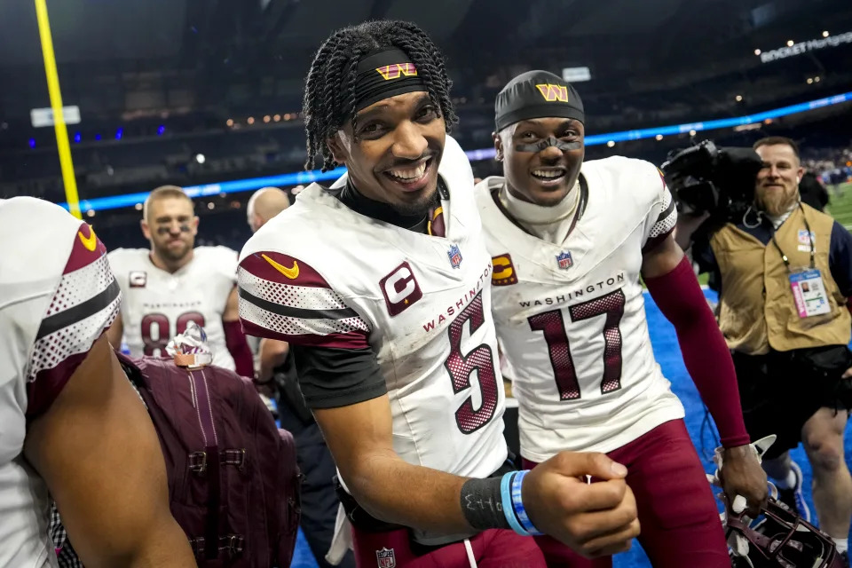 Jayden Daniels (5) and Terry McLaurin (17) helped lead the Commanders to their first NFC championship game since the 1991 season. (Photo by Nic Antaya/Getty Images)
