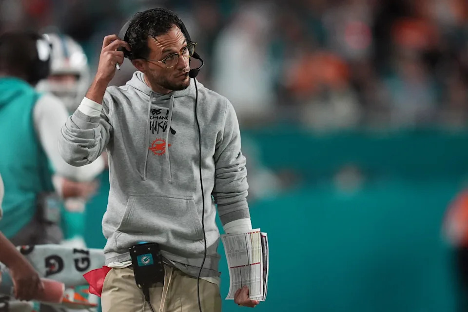 Miami Dolphins head coach Mike McDaniel walks down the sideline during the second half between the Miami Dolphins and the San Francisco 49ers at Hard Rock Stadium.Jasen Vinlove-Imagn Images