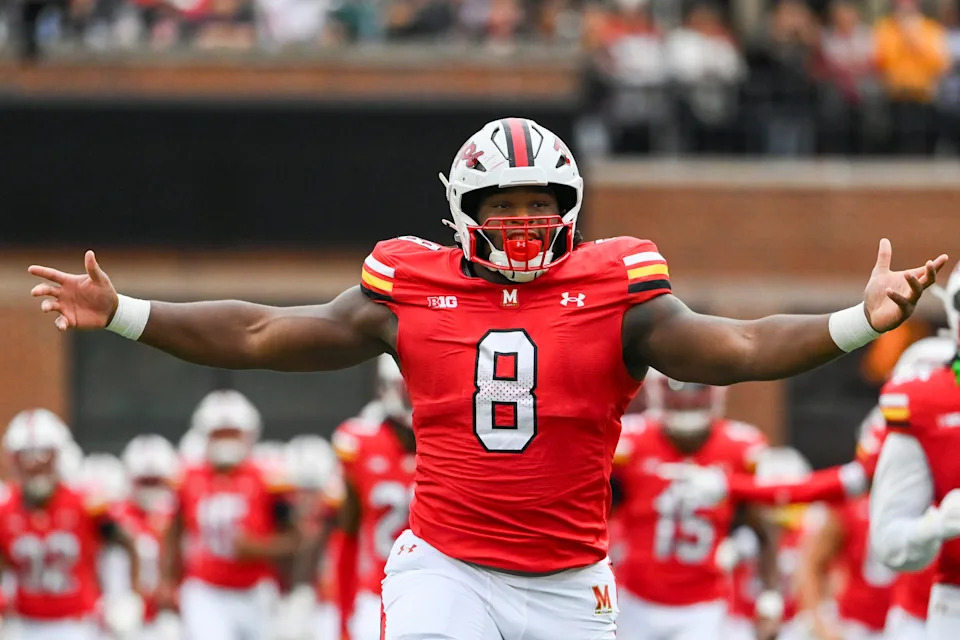 Sep 7, 2024; College Park, Maryland, USA; Maryland Terrapins defensive lineman Jordan Phillips (8) takes the field before the game against the Michigan State Spartans at SECU Stadium. Mandatory Credit: Tommy Gilligan-Imagn Images