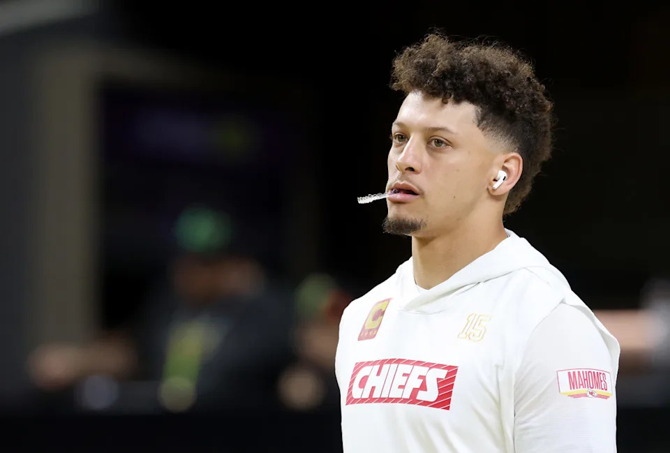 NEW ORLEANS, LOUISIANA - FEBRUARY 09: Patrick Mahomes #15 of the Kansas City Chiefs looks on during warmups prior to Super Bowl LIX against the Philadelphia Eagles at Caesars Superdome on February 09, 2025 in New Orleans, Louisiana. (Photo by Jamie Squire/Getty Images)Jamie Squire/Getty Images