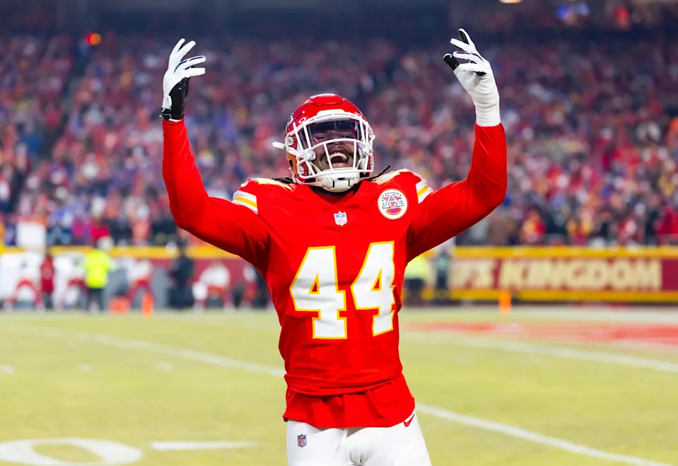 Jan 26, 2025; Kansas City, MO, USA; Kansas City Chiefs linebacker Cam Jones (44) celebrates against the Buffalo Bills in the AFC Championship game at GEHA Field at Arrowhead Stadium. Mandatory Credit: Mark J. Rebilas-Imagn Images