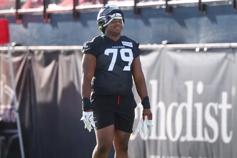 Jul 23, 2025; Houston, TX, USA; Houston Texans offensive tackle Aireontae Ersery (79) during training camp at Houston Methodist Training Center. Mandatory Credit: Troy Taormina-Imagn Images