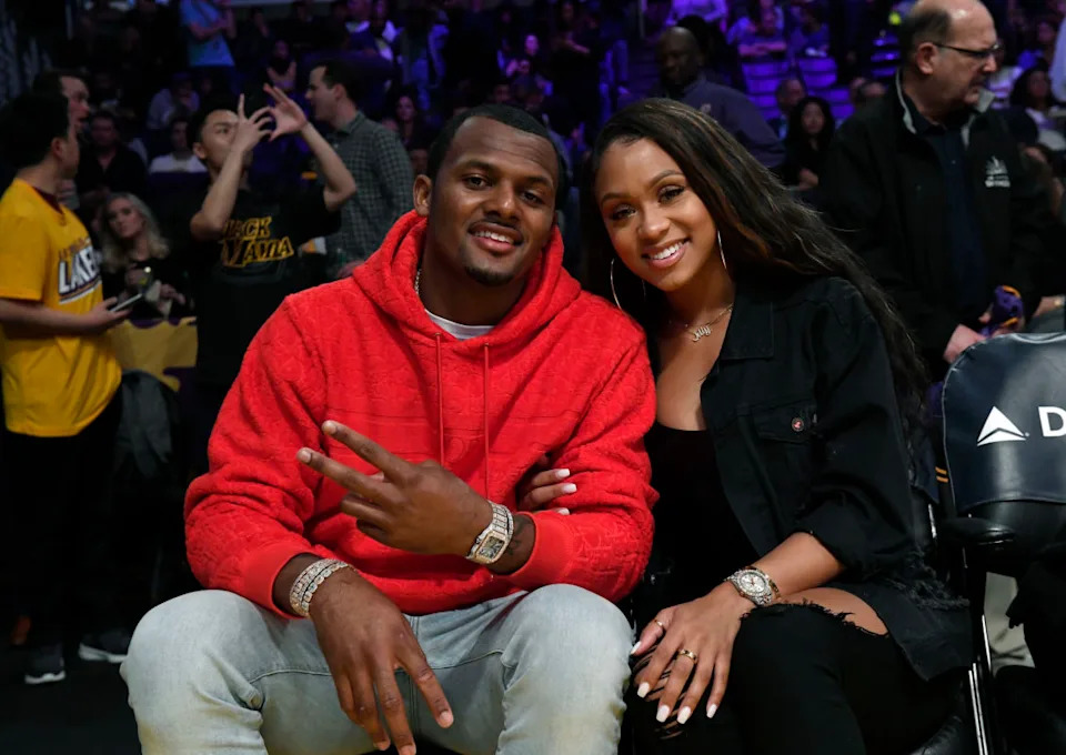 LOS ANGELES, CA - FEBRUARY 21: Quarterback Deshaun Watson #4 of the Houston Texans and Jilly Anais attend the Los Angeles Lakers and Memphis Grizzlies basketball game at Staples Center on February 21, 2020 in Los Angeles, California. (Photo by Kevork S. Djansezian/Getty Images)