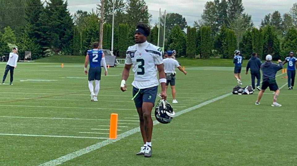 Rookie safety and second-round NFL draft choice Nick Emmanwori from South Carolina at the start of the fifth practice of Seattle Seahawks organized team activities (OTAs) June 4, 2025, at the Virginia Mason Athletic Center in Renton. Gregg Bell/The News Tribune