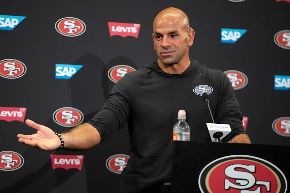 Jul 24, 2025; Santa Clara, CA, USA; San Francisco 49ers defensive coordinator Robert Saleh answers questions from reporters following the second day of training camp. Mandatory Credit: D. Ross Cameron-Imagn Images