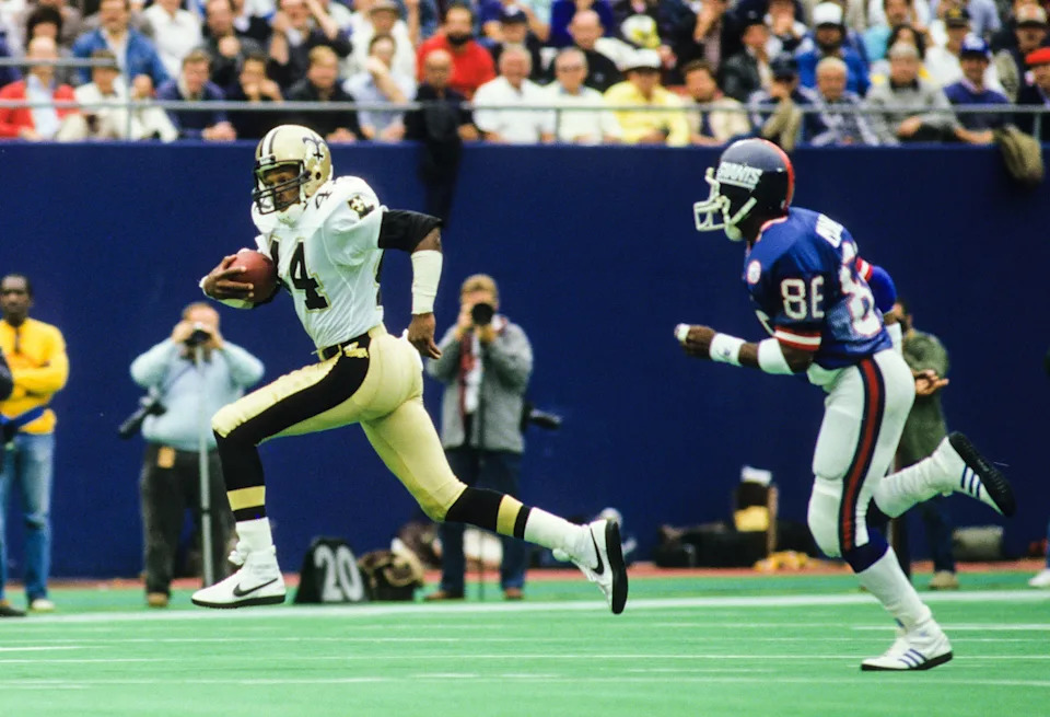 Sep 28, 1986; East Rutherford, NJ, USA; FILE PHOTO; New Orleans Saints defensive back Dave Waymer (44) in action with the ball against New York Giants receiver Lionel Manuel (86) at Giants Stadium. Mandatory Credit: Lou Capozzola-USA TODAY NETWORK
