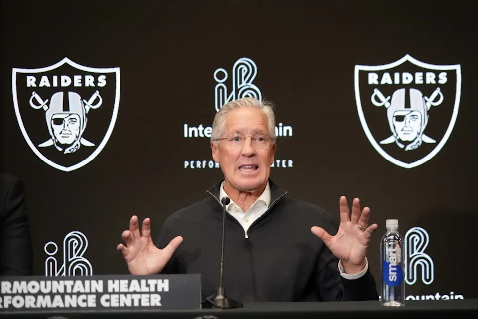 Las Vegas Raiders coach Pete Carroll at press conference at Intermountain Health Performance Center.&lpar;Kirby Lee-Imagn Images&rpar;