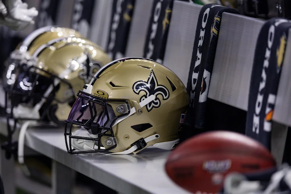 Nov 5, 2023; New Orleans, Louisiana, USA; Detailed view of the New Orleans Saints helmets on the team bench against the Chicago Bears during the first half at the Caesars Superdome. Mandatory Credit: Stephen Lew-USA TODAY Sports