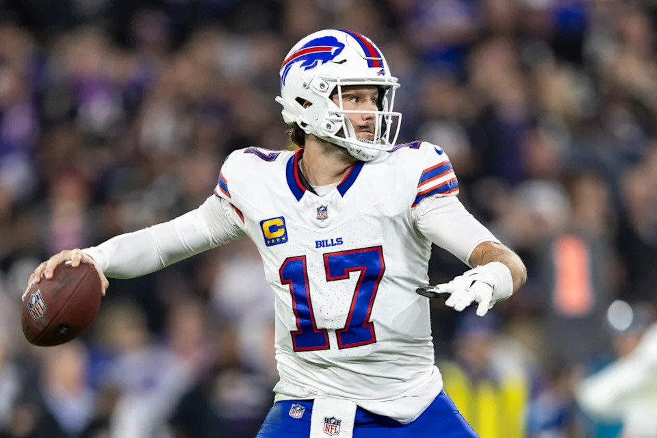 BALTIMORE, MARYLAND - SEPTEMBER 29: Josh Allen #17 of the Buffalo Bills looks to pass during an NFL football game against the Baltimore Ravens at M&T Bank Stadium on September 29, 2024 in Baltimore, Maryland. (Photo by Michael Owens/Getty Images)Michael Owens&sol;Getty Images