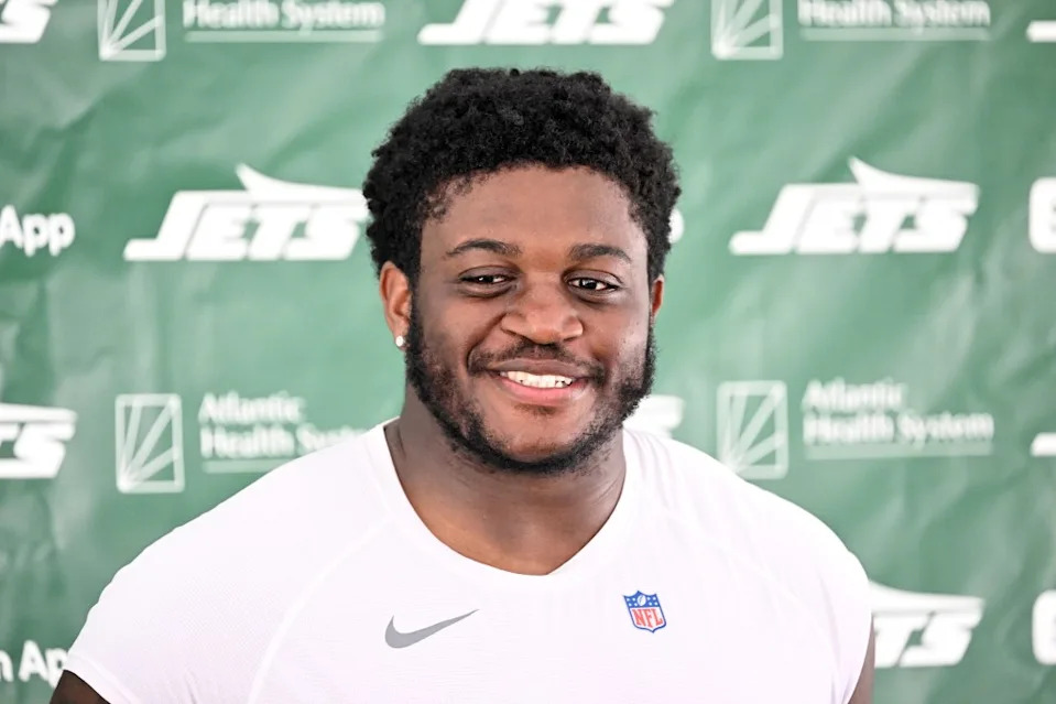 Jets offensive tackle Armand Membou speaks to the media after practice at training camp in Florham Park, NJ. Bill Kostroun/New York Post