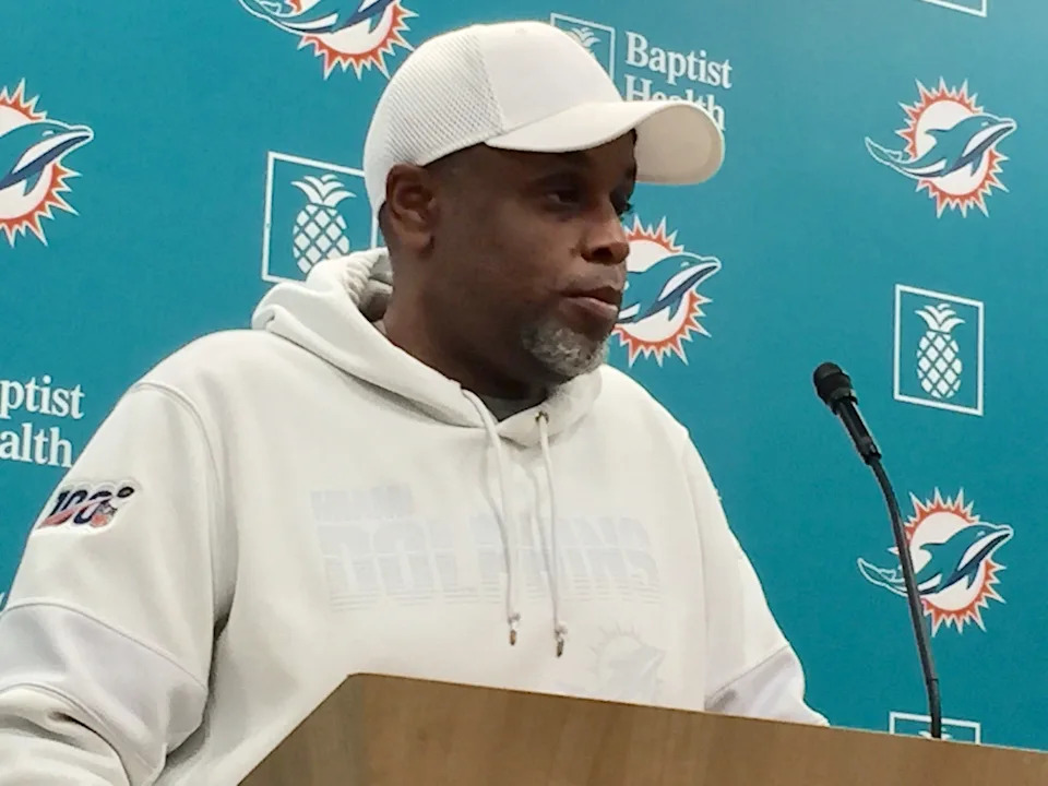 Miami Dolphins general manager Chris Grier answers questions from reporters April 15, 2025.