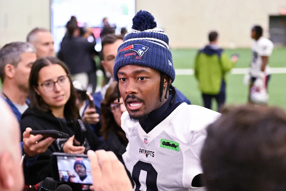 Jun 10, 2025; Foxborough, MA, USA; New England Patriots wide receiver Stefon Diggs (8) speaks to the media after minicamp held in the WIN Field House at Gillette StadiumEric Canha-Imagn Images&period;